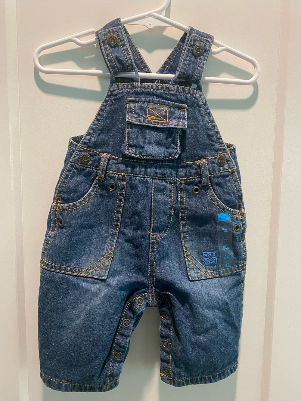 The Children's Place -Vintage Est. 89, Distressed Denim Overalls -Baby 0-3 Mnths